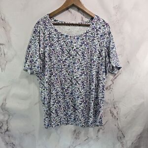 J Jill T Shirt Womens 2X Purple White Floral Pima Slub Scoop Neck Side Slit Tee
